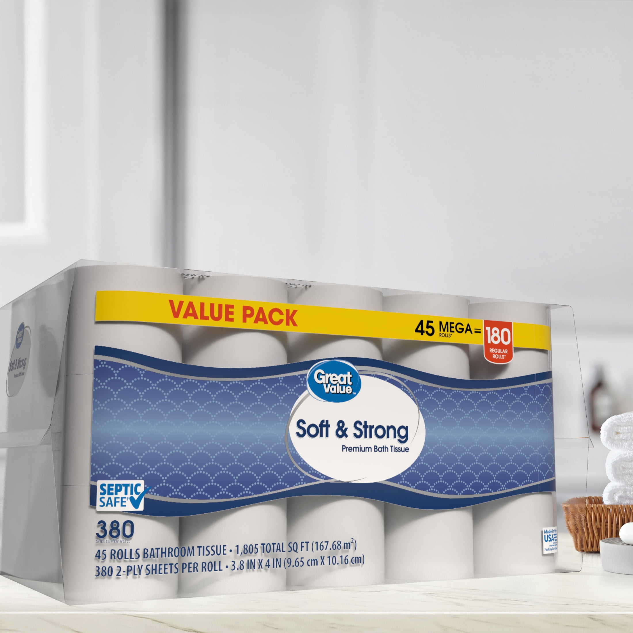 Great Value Soft & Strong Premium Toilet Paper, 45 Mega Rolls, 380 Sheets per Roll