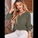 thumbnail image 4 of Blusas para Mujer, de Punto Gofre, de Larga, con Cuello en V y Muescas, Informales, Modernas, de Color Liso, Holgadas Verde XL, 4 of 8