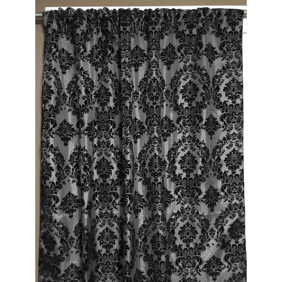 Flocking Damask Taffeta Window Curtain 56 Inch Wide Black on Silver