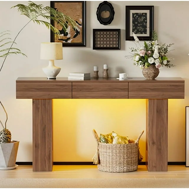 63" Farmhouse Console Table with 3 Drawers, Extra Long Wooden Entryway and Sofa Table for Behind Couch or Hallway, Rustic Brown Storage Table for Living Room