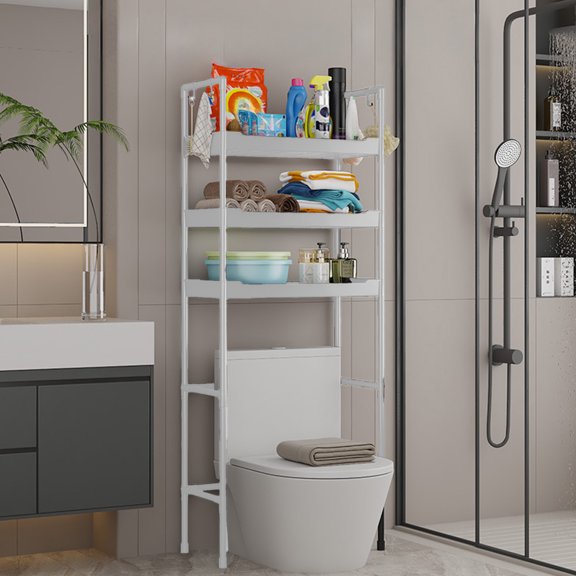 Vggrvlo 3-Tier over the toilet storage Over Toilet Storage Shelf with Paper Holder No Drilling Shelves for Bathroom Storage & Home Decor with 4 Hooks White