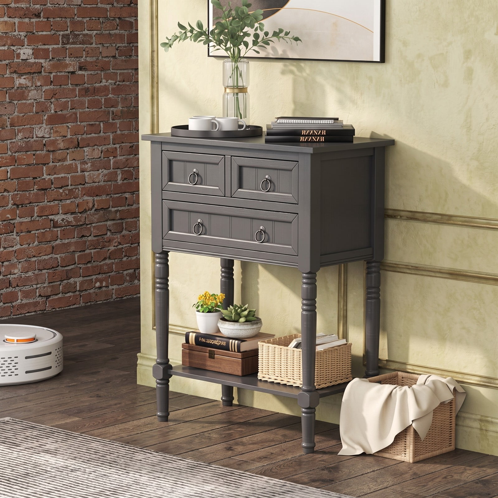 Furnibear Narrow Console Table with 3 Storage Drawers and Open Bottom Shelf and Turned Legs for Entryway and Hallway, Dark Gray