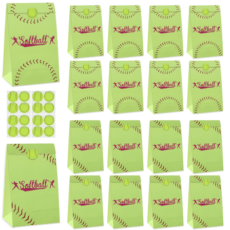 Softball Gift Bags, 20 Pack Paper Softball Goodie Bags with Stickers, Softball Party Favors Treat Bags for Kid's Birthday, Softball Game Day, Baby Shower, Game Celebration