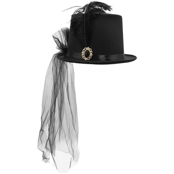 Pkhoxwe Black Victorian Top Hat with Veil & Feathers, Gothic Fancy Dress Hat for Women, Tea Party Costume