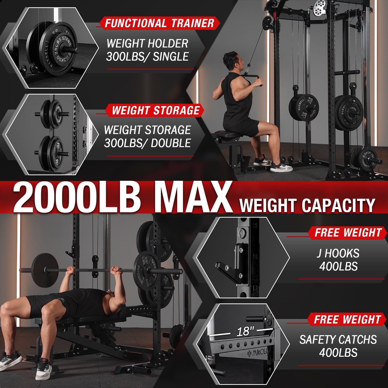 Mikolo Power Rack Cage, Weight Rack with Dual Pulley Cable Crossover Machine,Multi-Function Squat Rack with J Hooks,Dip Bars and Landmine for Home Gym (Black)
