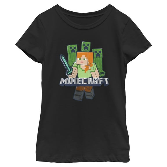 Girl's Minecraft Alex and Creepers Graphic Tee Black Small