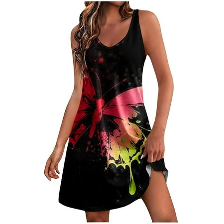 QYZEU Casual Day Dresses for Women Beach Dress for Women Womens Fashion Round Neck Dress Printed Suspended Tank Top Dress Pockets Elegant Mid Length Dress Hot Pink 2XL