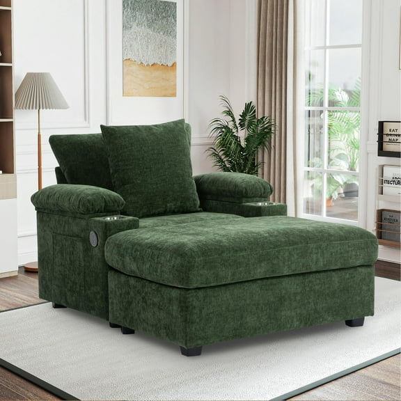 53.8" D Oversized Chair and Ottoman Set, Modern Chenille Fabric with Storage, USB Ports & Cup Holders, Green