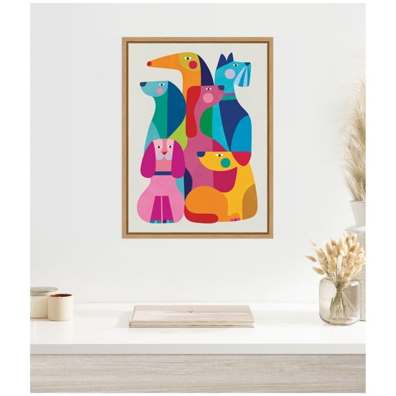 Kate and Laurel Framed Canvas Wall Art Print Modern Abstract Dogs by Rachel Lee, 18 x 24 Sylvie Natural Frame, Modern Contemporary, Abstract Art for Wall Decor
