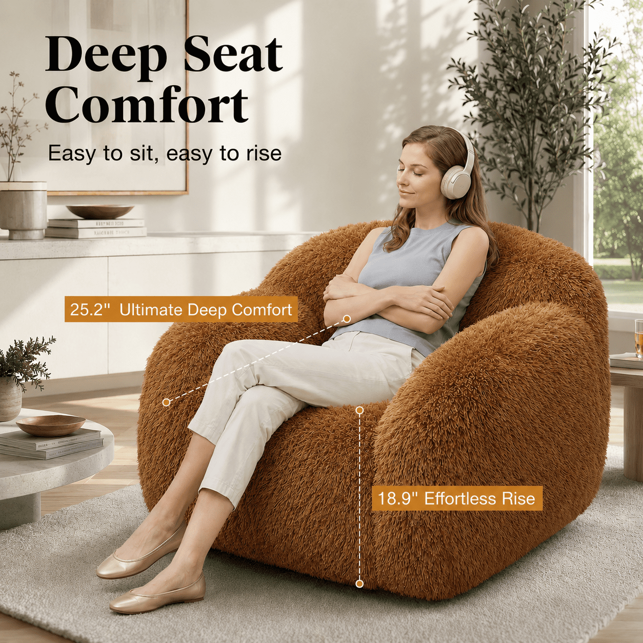Aenkyo Oversized 360 Degree Swivel Accent Chair, Plush Faux Fur Barrel Sofa Chair, 25" Deep Seat, Camel Brown