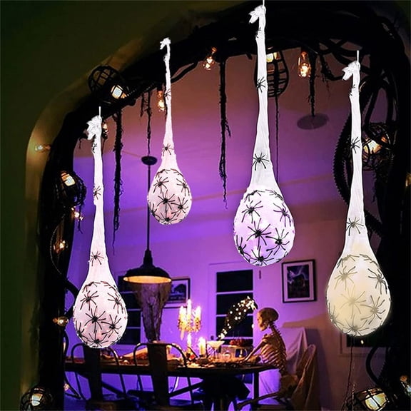 Purple Hanging Glowing Spider Egg Sac Halloween Decoration with LED Lights Porch Ornament for Outdoor Indoor Haunted House Party Decor, 23 Inch