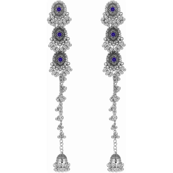 Indain Jhumki Bell Long Chain Tassel Dangle Drop Statement Earrings for Women - Boho Exaggerated Oxidized Ethnic Bollywood Beaded Jhumka Threader Dangling Stud Earring Dainty Crystal Chandelier