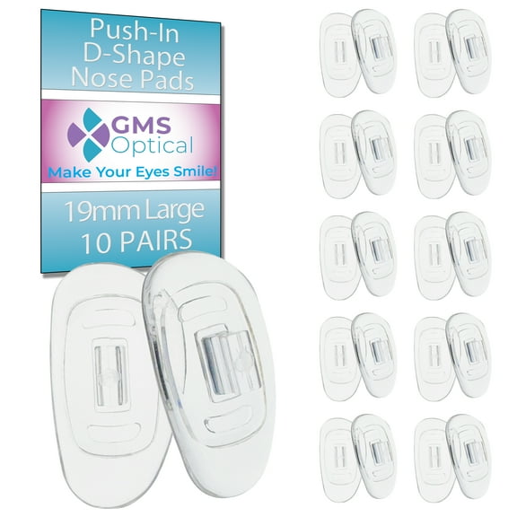GMS Optical Push-In D Shape Silicone Nose Pads – 19mm Extra Large Length / 5mm Narrow Width – Soft Anti-Slip Eyeglass Nose Pads for Glasses & Sunglasses (10 Pair, Clear)