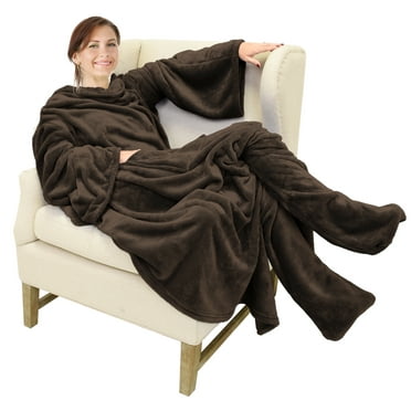Catalonia Fleece Wearable TV Blanket For Adults with Foot Pockets & Sleeves Brown Polyester Throw Blanket Robe 75”x53”