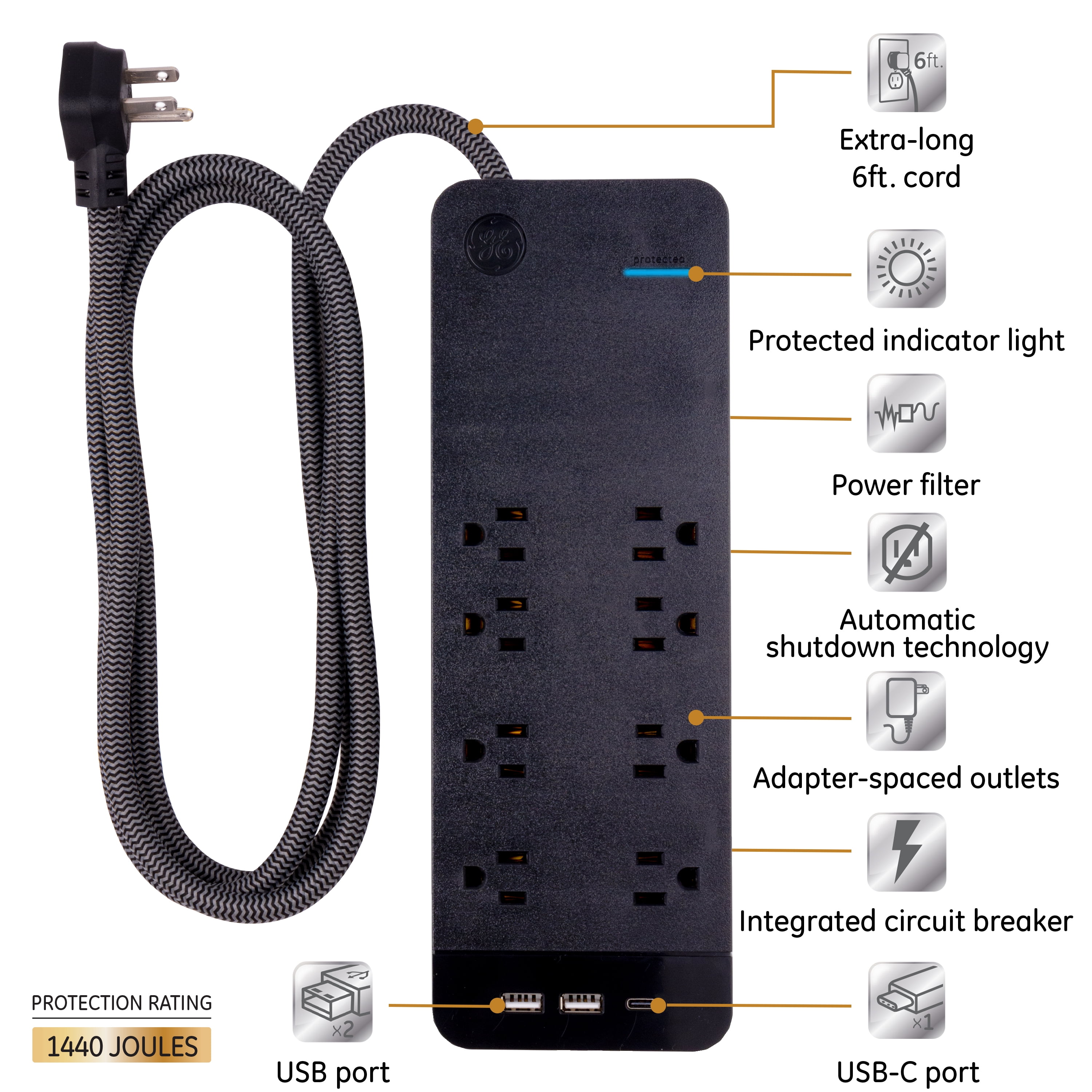 GE 8 Outlet, 2 USB-A, 1 USB C Surge Protector with 6 ft. Designer Braided Extension Cord, Black
