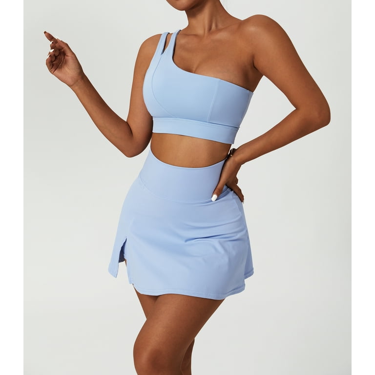 Women's Tennis Skirts Top Set Stretch High Waisted Golf Skorts Skirt One  Shoulder Sports Bra Running Workout Activewear, 2 Piece L Blue 