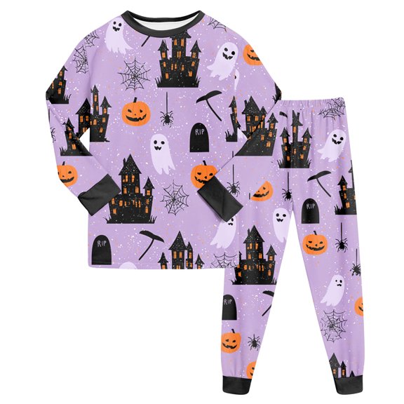 NOEGOEU Kids Cute Graphic Halloween Pajamas Boys Girls Long Sleeve Sleepwear Set 2 Piece 2-9 Years (Light Purple,3-4 Years)