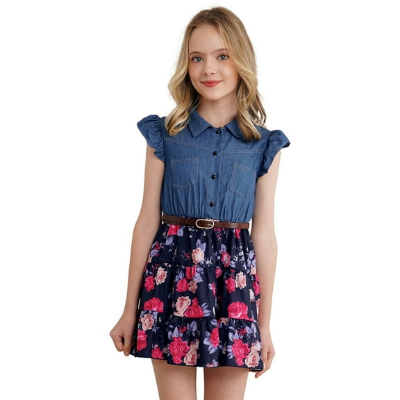 Zaldita Girls Summer Flying Sleeve Dress Kids Sleeveless Denim Top Floral Print Tutu Princess Sundress Casual Wear A Navy Blue 8
