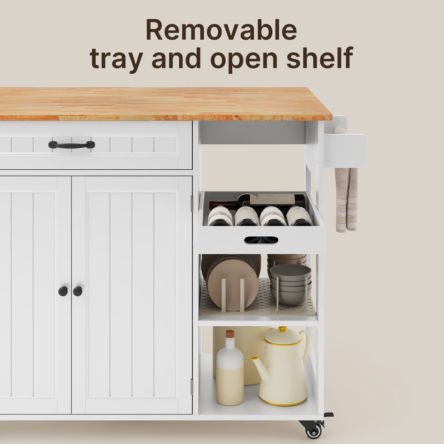 Kitchen Island, Lofka 41.7" W Kitchen Island with Storage, Rolling Island Table with Drop Leaf, Adjustable Shelf, Spice/Towel Rack, White