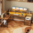 thumbnail image 2 of Satifur 66" L-Shaped Gaming Desk with LED Lights & Power Outlets, Computer Desk with Drawers & Printer Stand, Rustic Brown, 2 of 9