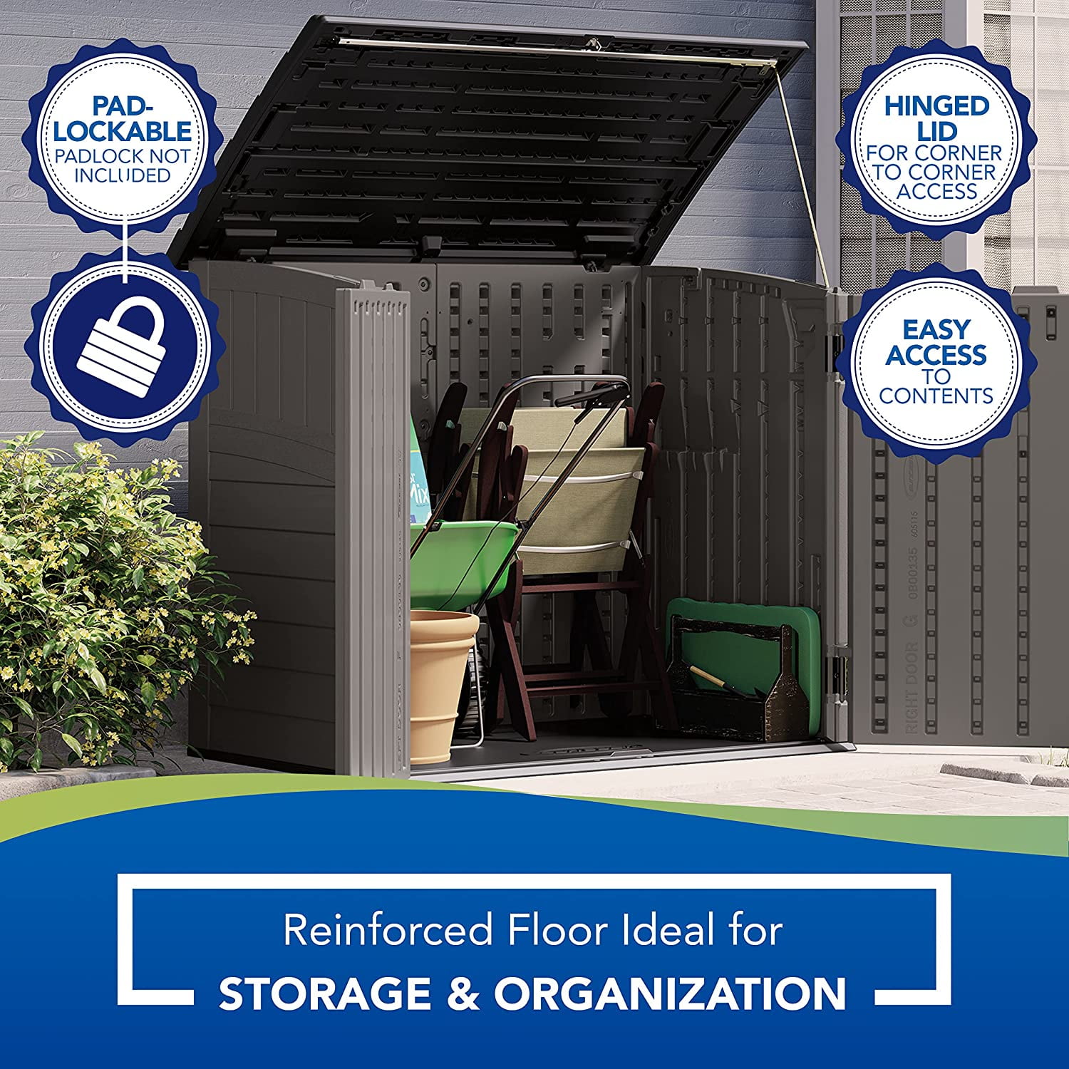 Suncast Modernist Horizontal Low-Profile Storage Shed, Resin, 3 Doors, Garden, 4' x 2.5', Gray, 1 Count, 1 Pack