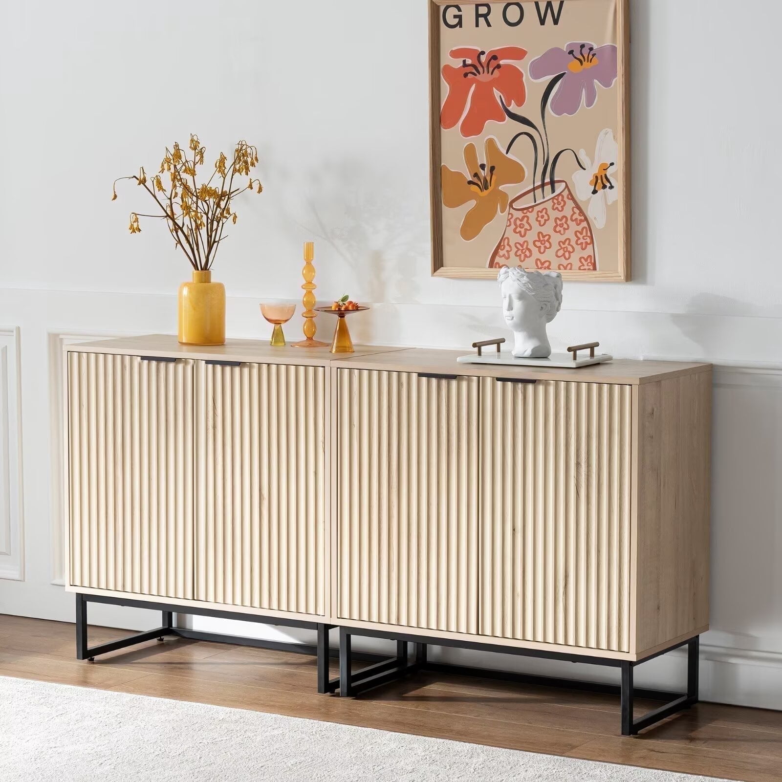 Joyyskill Fluted Storage Cabinets Set of 2, Sideboard Buffet Cabinet with Adjustable Shelves, Multifunctional Console Table Accent Cabinet, Light Oak