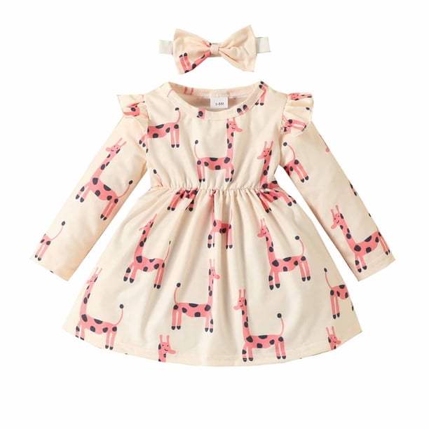 Vestido Para Niñas, Ropa Para Niñas Pequeñas, Primavera Otoño, Estampado De Jirafa Para Niños Pequeños, Falda De Manga Larga, Diadema Con Lazo Rosa Odeerbi LM103-7353
