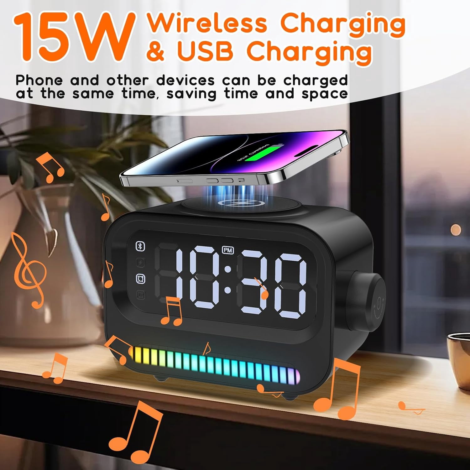 Alarm Clock with Wireless Charging, 3 in 1 Bluetooth Speaker, Digital Alarm Clock with RGB Light Clock and Speaker, LED Large Display Digital Alarm Clock for Teens Girls Boys (Black)