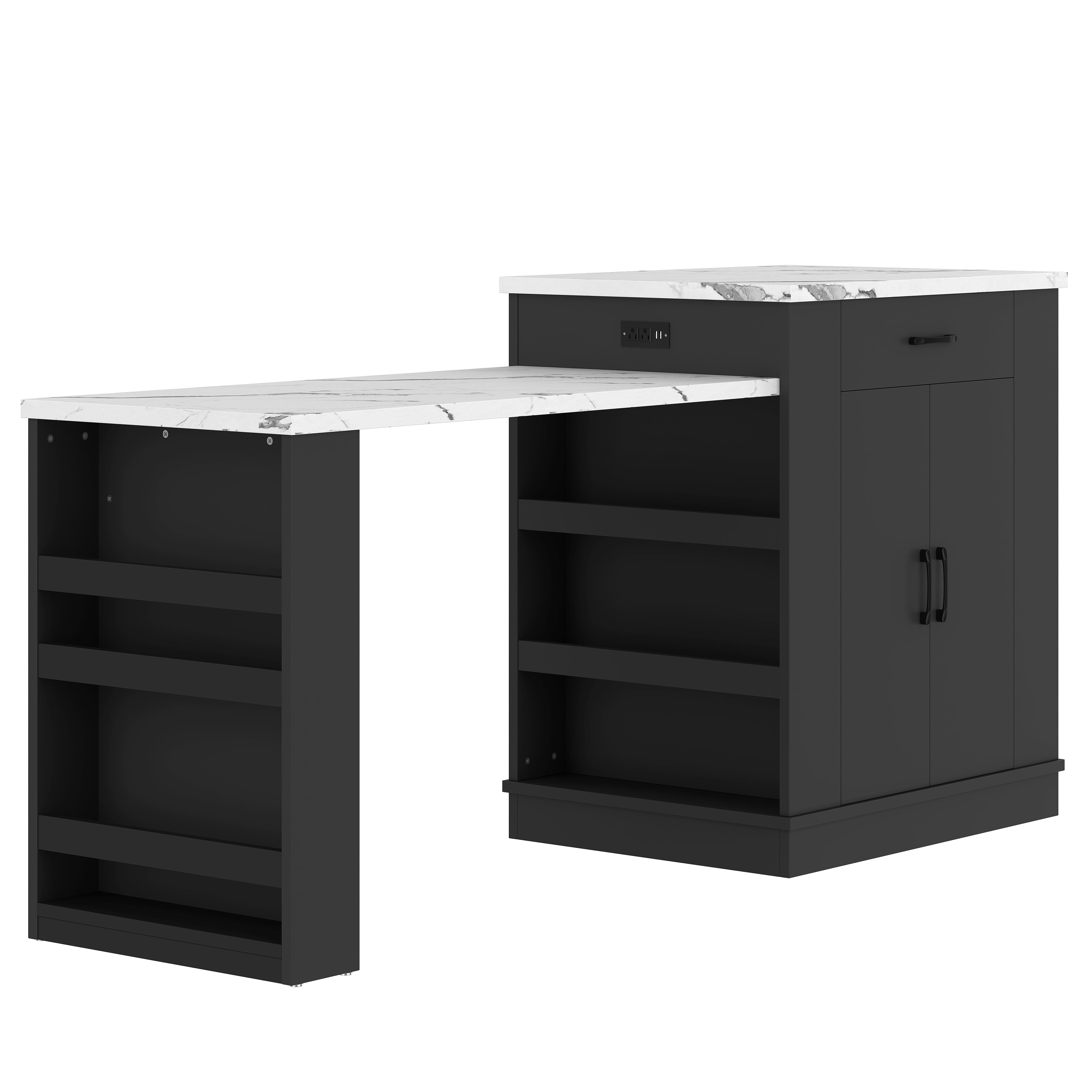 Large Extendable Kitchen Island for Family Use, Dining Table and Breakfast Bar with Storage Drawers, Cabinet Doors and Open Shelves, Ideal for Kitchen and Dining Room, Black