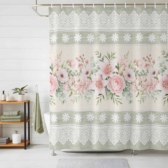 Pink Flowers Shower Curtains for Bathroom, Sage Green Spring Botanical Floral Stripes Waterproof Fabric Shower Curtain, Decorative Bathroom Curtain for Bathtub, 72"x72", No Hooks Included