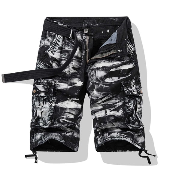 Ceisia Men's Tie Dye Print Multi Pocket Cargo Shorts Belt Detail Elastic Waist Drawstring Casual Shorts Black M Gifts for Father
