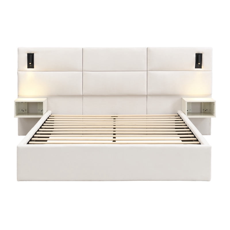 Queen Size Upholstered Bed Frame with 2 Reading Lights on Large Headboard, Storage Platform Bed Frame with 2 Open Shelves
