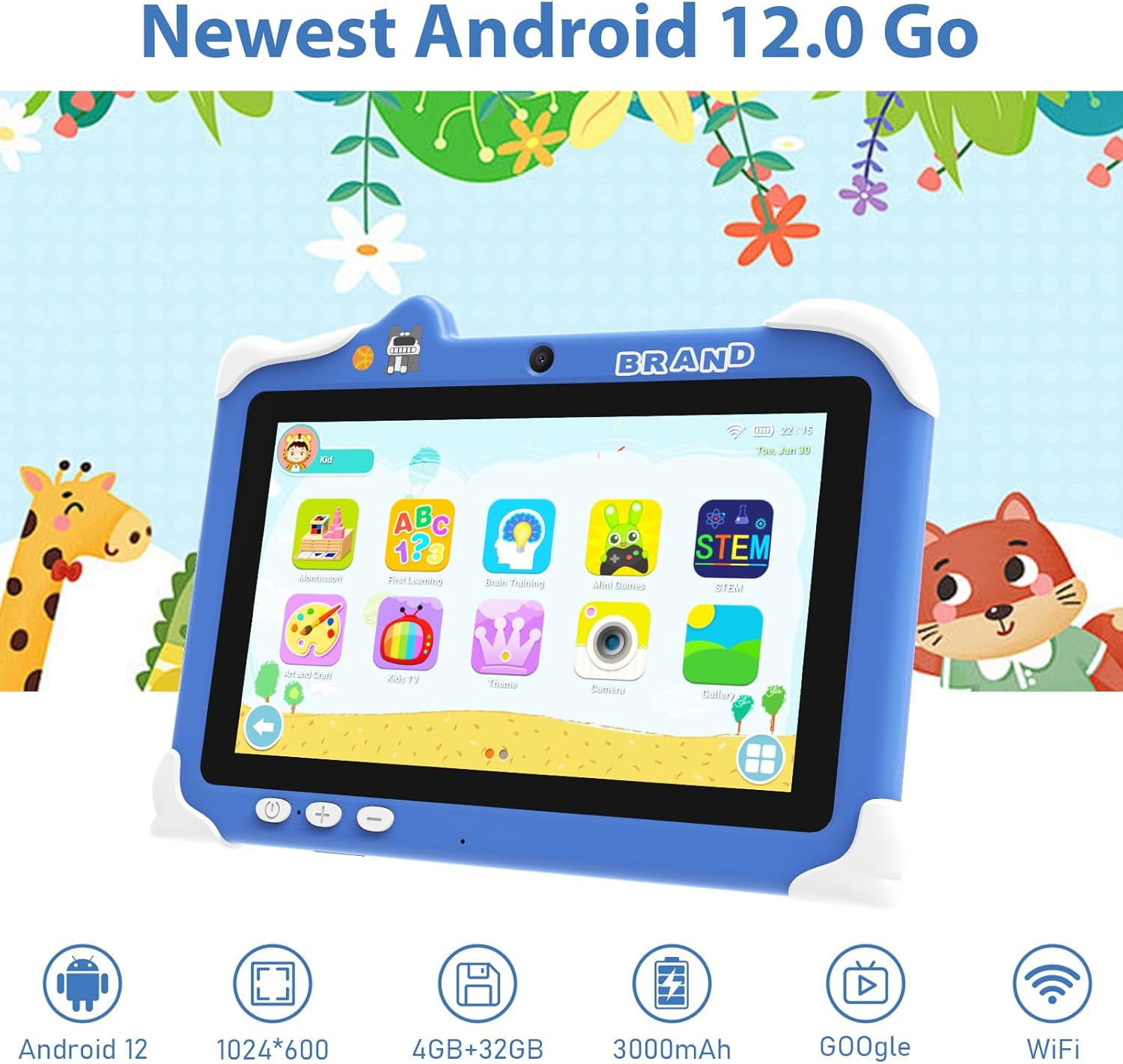 Kids Tablet 7 inch Android Tablets  4GB RAM+ 32GB ROM (Micro SD 1024GB Expandable)Toddler Tablet with Case, Parental Control, Dual Camera, IWAWA App Pre-Installed 2.4G/5G WiFi 6, Blue