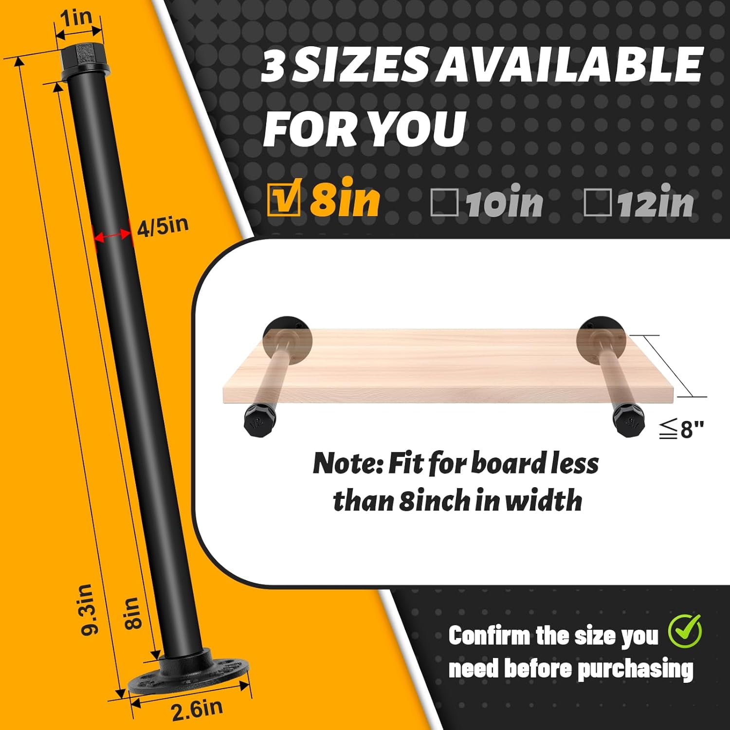 Industrial pipe shelf bracket 8-inch, black floating shelf bracket heavy-duty decorative vintage shelf hardware, 6-pack