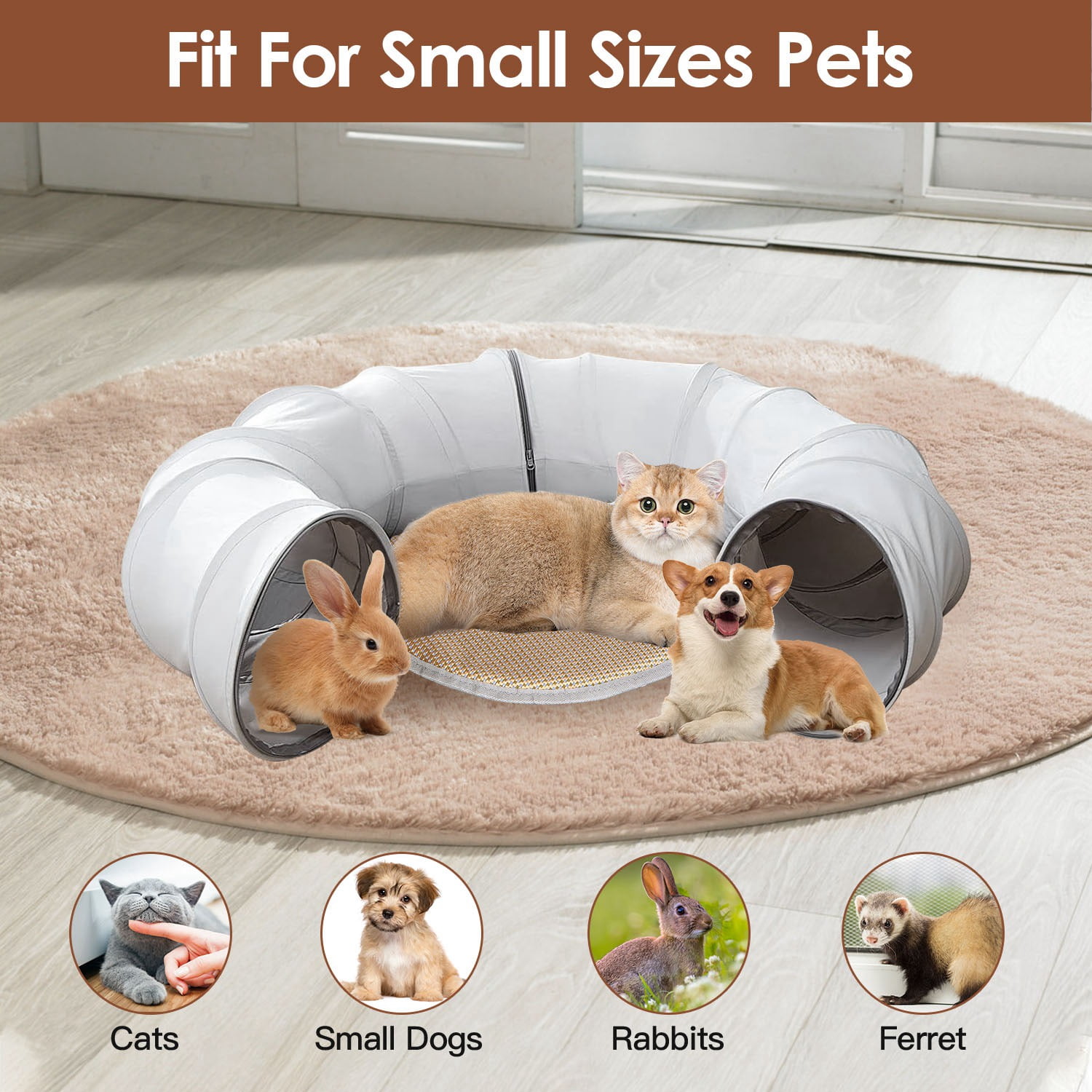 Moclever Cat Tunnel Bed with Interactive Hanging Ball, Indoor Circle Cat Tunnel with Cooling Fabric Central Soft Cushion for Cats Dogs, Gray