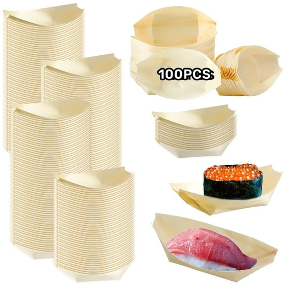 100 Pcs Bamboo Wooden Boat Trianu 3.3" x 2.3" Disposable Wood Boat Plates Dishes Mini Sushi Boat Sushi Serving Tray Bamboo Leaf Boat Food Container Wood Bowl for Catering and Home Use