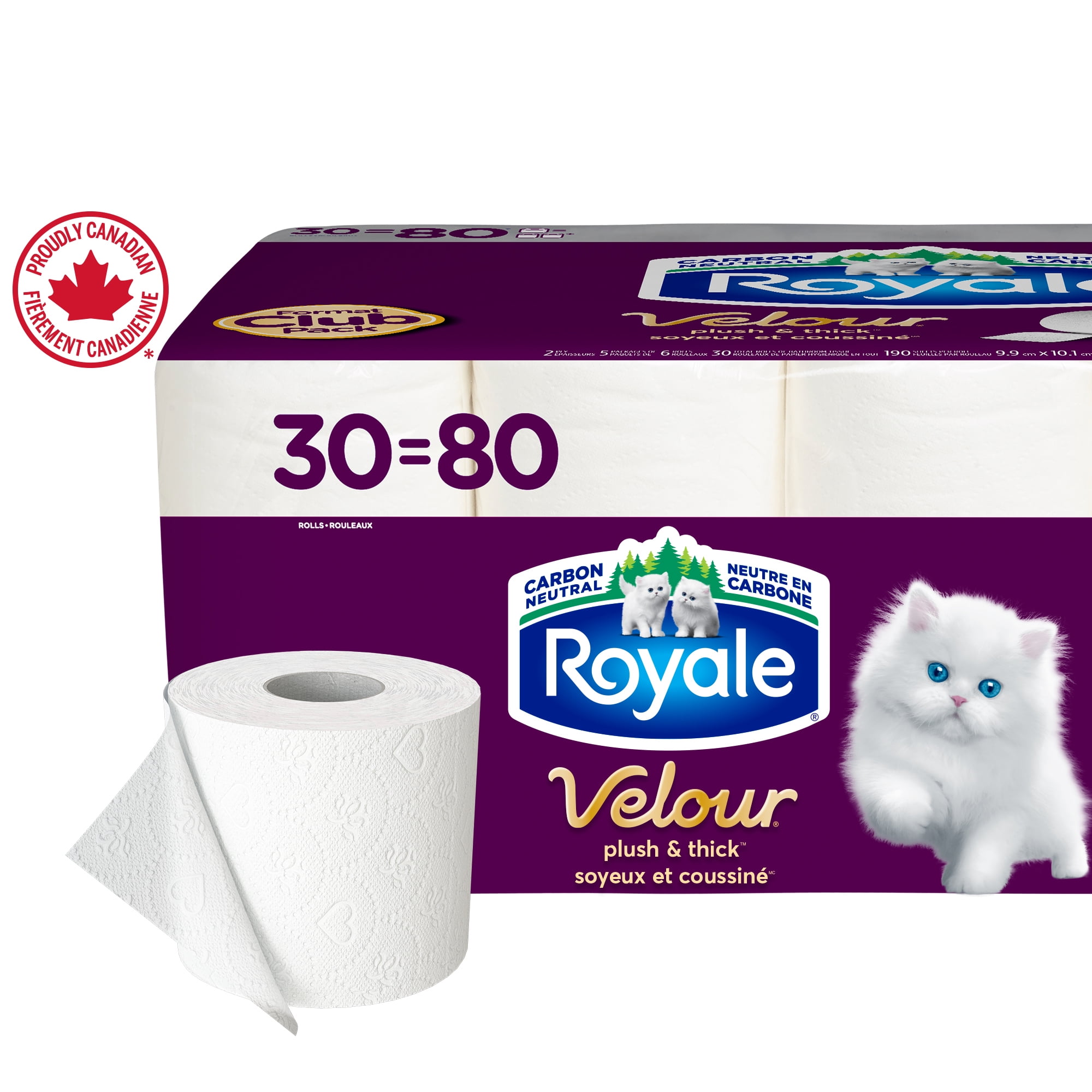 Royale Velour, 2 Ply Toilet Paper, 30 Equal 80 Bathroom Tissue Rolls, 190 Toilet Paper Sheets per Roll