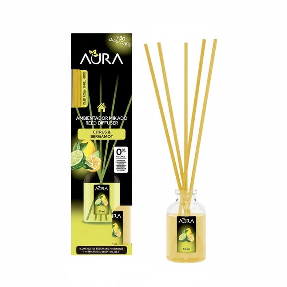 Aromatizante de Varitas Aura con aceites esenciales naturales aroma citrus & bergamot 30 ml