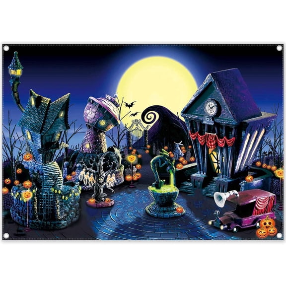 7x5ft Halloween Nightmare Themed Party Photography Backdrop Pumpkin Moon Town Background Birthday Baby Shower Christmas Party Decorations Photo Tapestry Props
