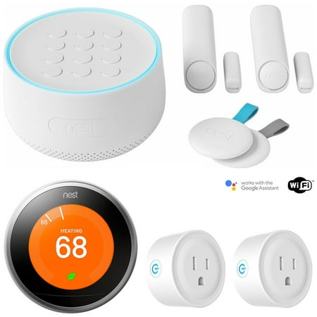 Nest Secure Alarm System Starter Pack (H1500ES) w/ Thermostat Bundle Includes, Nest Learning Thermostat, 3rd Gen (Stainless Steel) and Deco Gear 2 Pack WiFi Smart Plug