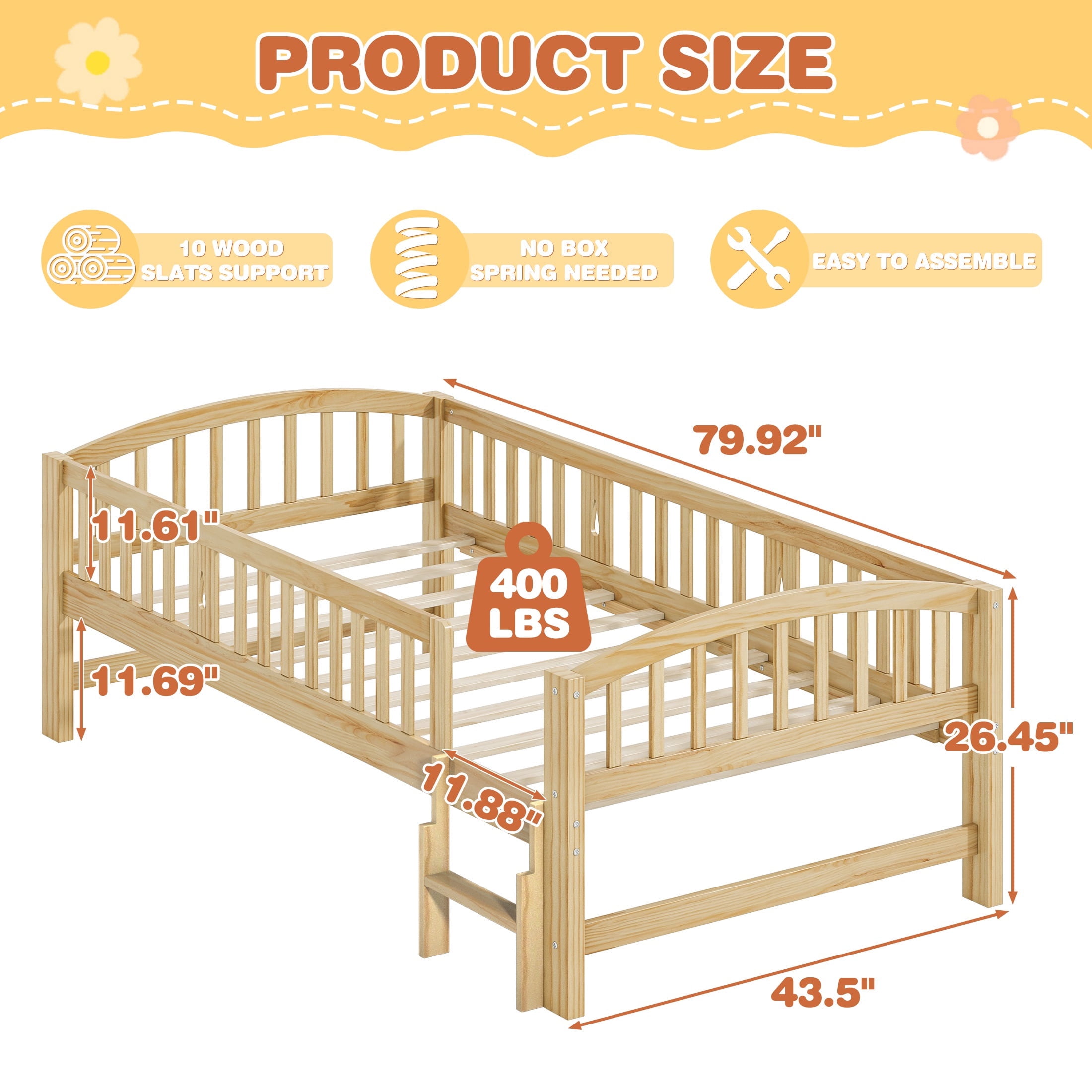 PORKISS Twin Size Platform Bed, Solid Wood Toddler Bed with Fence Guardrail Ladder, Twin Size Bed Frame for Kids Boys Girls, Montessori Bed, No Box Spring Needed, Natural A