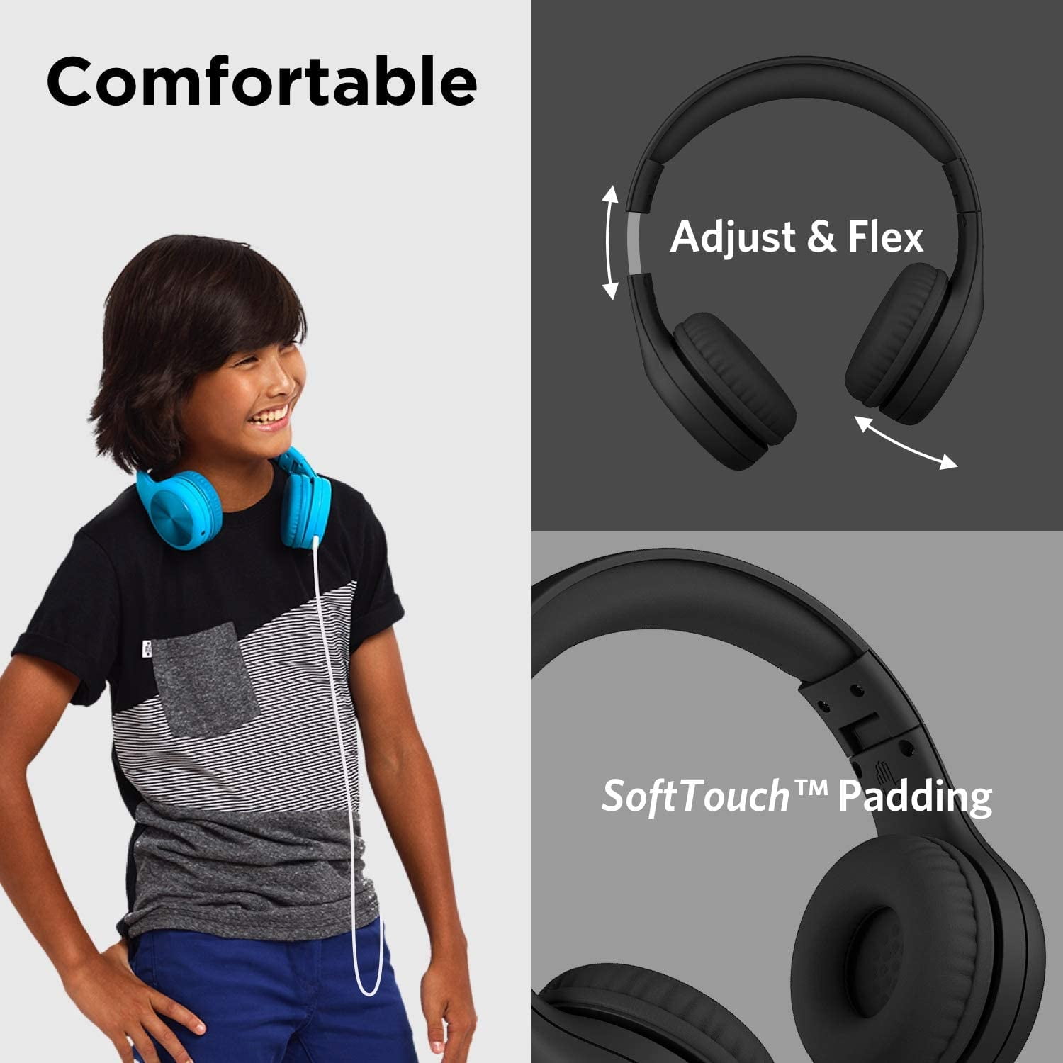 LilGadgets Connect+ Pro Wired Kids Headphones - Designed with Kids' Comfort in Mind, Child-Friendly Foldable Over-Ear Headset with In-line Microphone, Perfect for Toddlers in School, Black