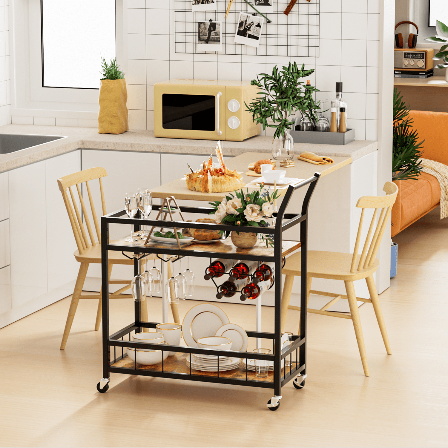 Lacoo Bar Cart Gold, Home Bar Serving Cart, Wine Cart with 2