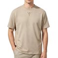thumbnail image 5 of Fwqbns Men's Notch Neck T-Shirt Short Sleeve Split Crew Neck Tee Minimalist Solid Color Casual Summer Top Beige, 5 of 5
