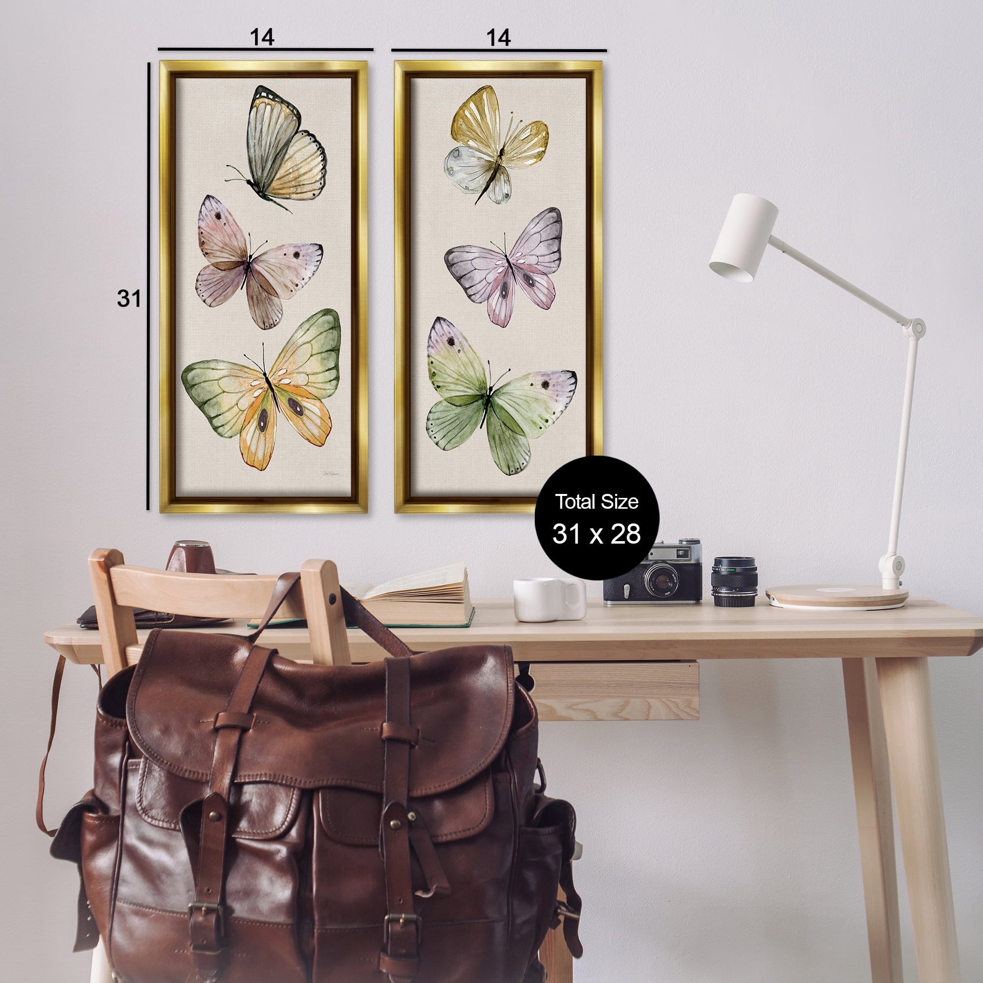 Stupell Industries Delicate Winged Butterfly Trio Animals Painting Gold Floater Framed Canvas Art Print Wall Art, 14 x 31, Set of 2