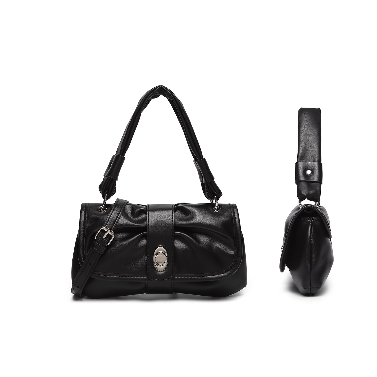 Black quilted leather mini messenger bag with shoulder strap Turn-lock closure