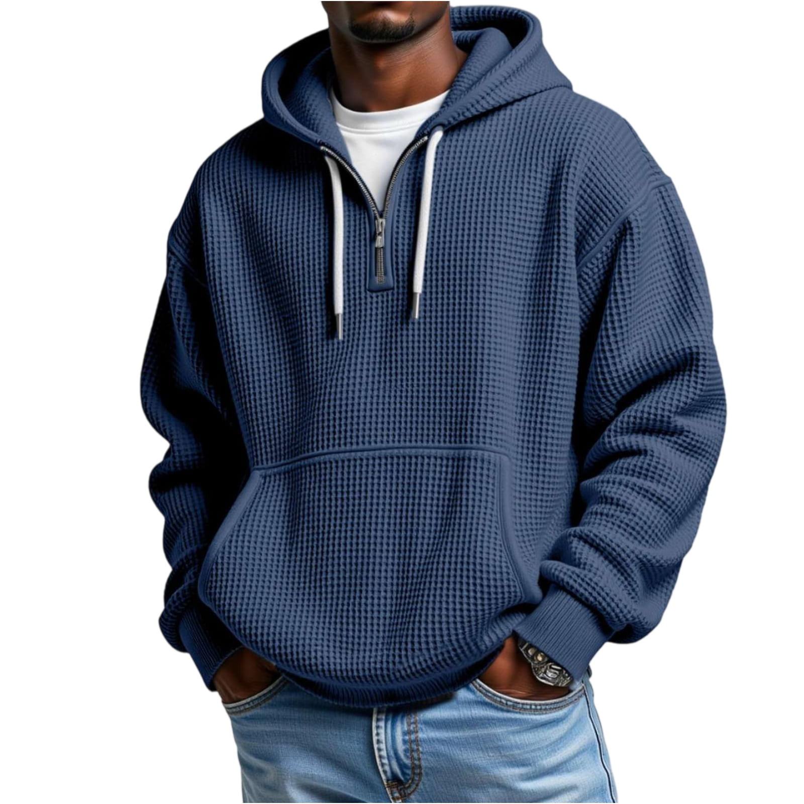 Men's Casual Solid Color Waffle Zipper Long Sleeve Hooded Sweatshirt Navy L