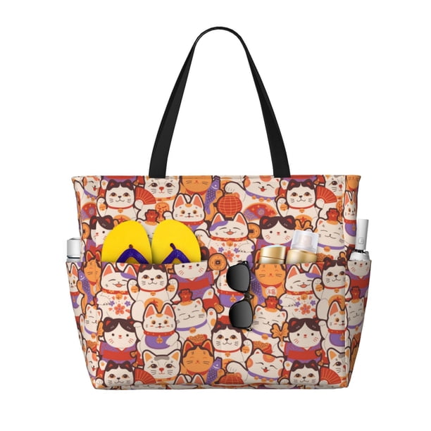 Easygdp Maneki-Neko Cats Bolsa de Viaje de Playa de Gran Capacidad, Bolsa Tote Perfecta para la Playa, Escapadas de Fin de Semana y Viajes