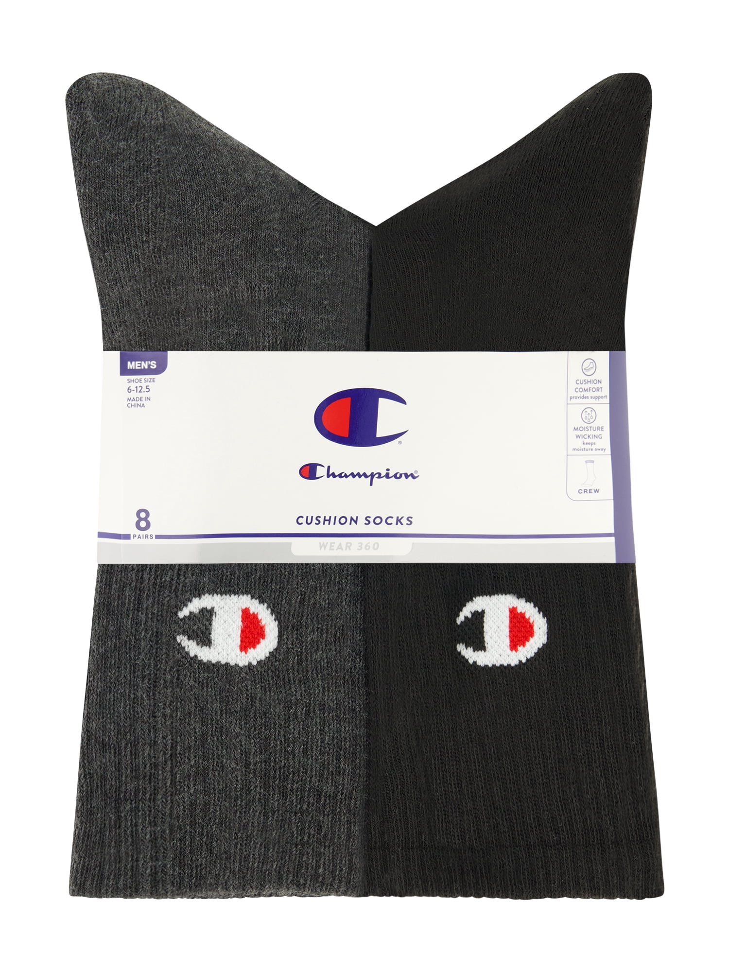 Champion Men’s Crew Socks 8 Pack – Half Terry Cushion, Moisture-Wicking, Arch Support, Reinforced Toe & Heel, Sizes 6–12.5