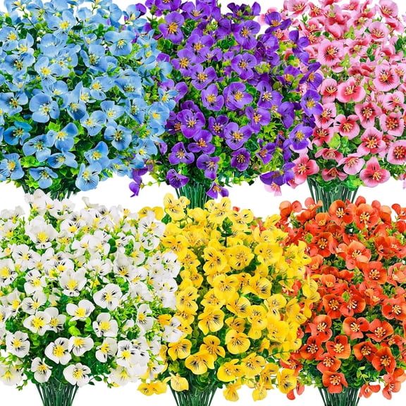 24 Bundles Artificial Pansy Flowers for Outdoors , UV Resistant 6 Assorted Colors Fake Pansies Faux Flowers for Outdoor Planters Window Boxes Flower Beds Garden Decor
